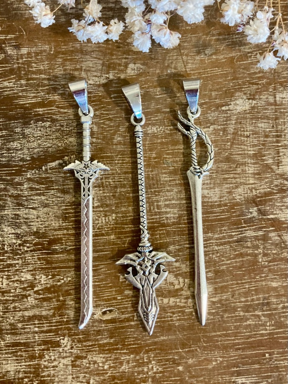 3pc Silver Tone Fantasy Sword & Spear Pendant Set • Medieval Cosplay Charms